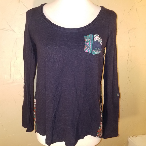 Anthropologie Navy Blue Paisley Flowy Long Sleeve Hi Lo Top Shirt Blouse Tunic - Picture 3 of 14